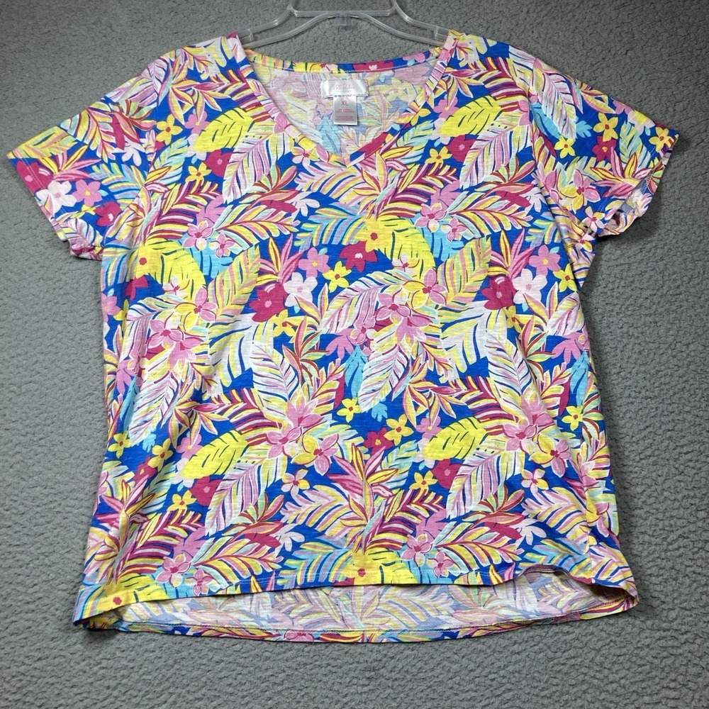 Stella Parker Top T Shirt Women's XL Colorful Tropical Short Sleeve Beachy Coast